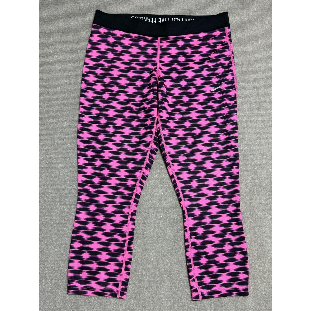 Nike Dri-FIT Leggings Womens Large Pink Black‎ Geometric Athletic Running Pants
